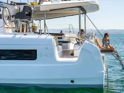Deck of Nuvola, a Lagoon 43 catamaran at Olbia, Italy