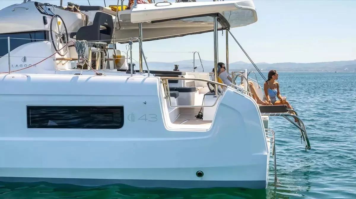 Deck of Nuvola, a Lagoon 43 catamaran at Olbia, Italy