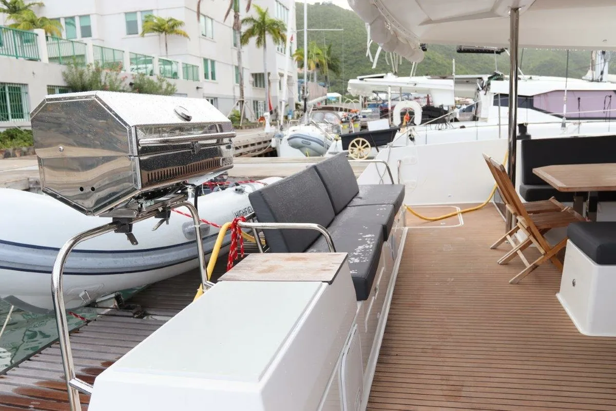 Deck of Soleil Rae, a Fountaine Pajot Saba 50 catamaran at Road Town, British Virgin Islands