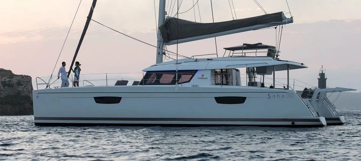 Exterior view of Soleil Rae, a Fountaine Pajot Saba 50 catamaran at Road Town, British Virgin Islands
