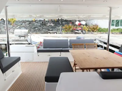 Deck of Soleil Rae, a Fountaine Pajot Saba 50 catamaran at Road Town, British Virgin Islands
