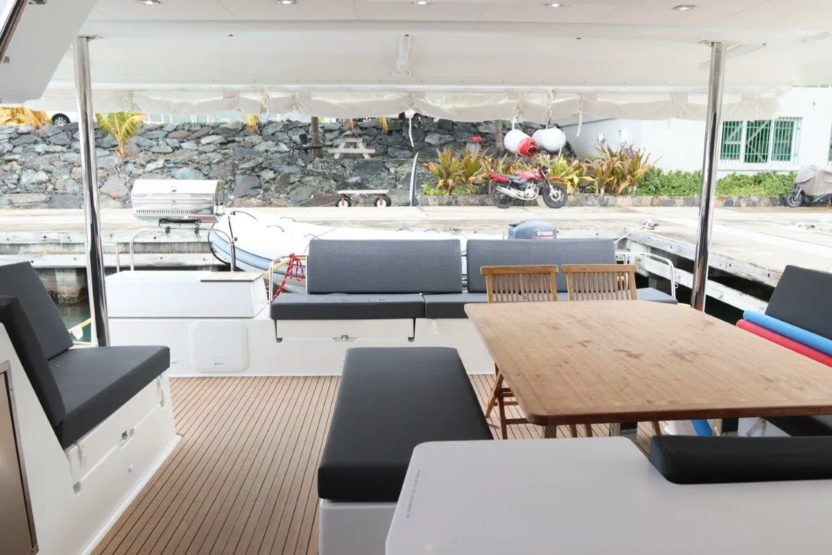 Deck of Soleil Rae, a Fountaine Pajot Saba 50 catamaran at Road Town, British Virgin Islands