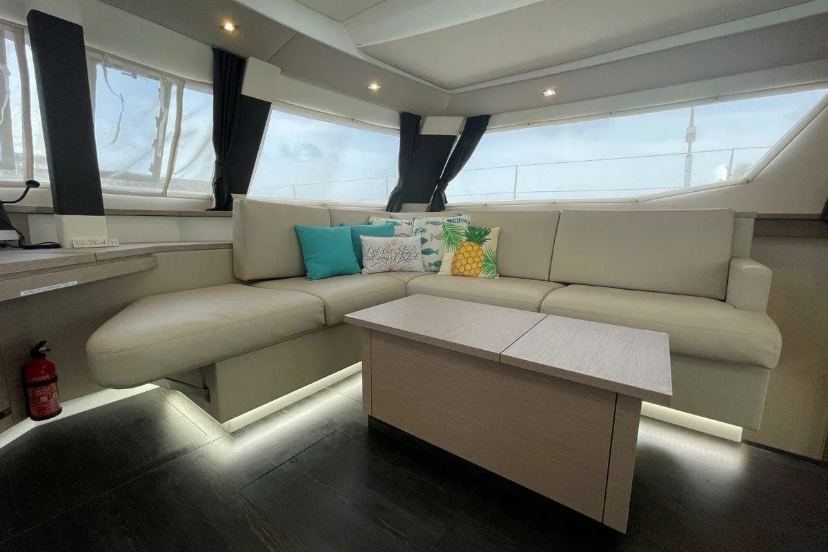 Salon of Soleil Rae, a Fountaine Pajot Saba 50 catamaran at Road Town, British Virgin Islands