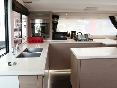 Galley of Soleil Rae, a Fountaine Pajot Saba 50 catamaran at Road Town, British Virgin Islands