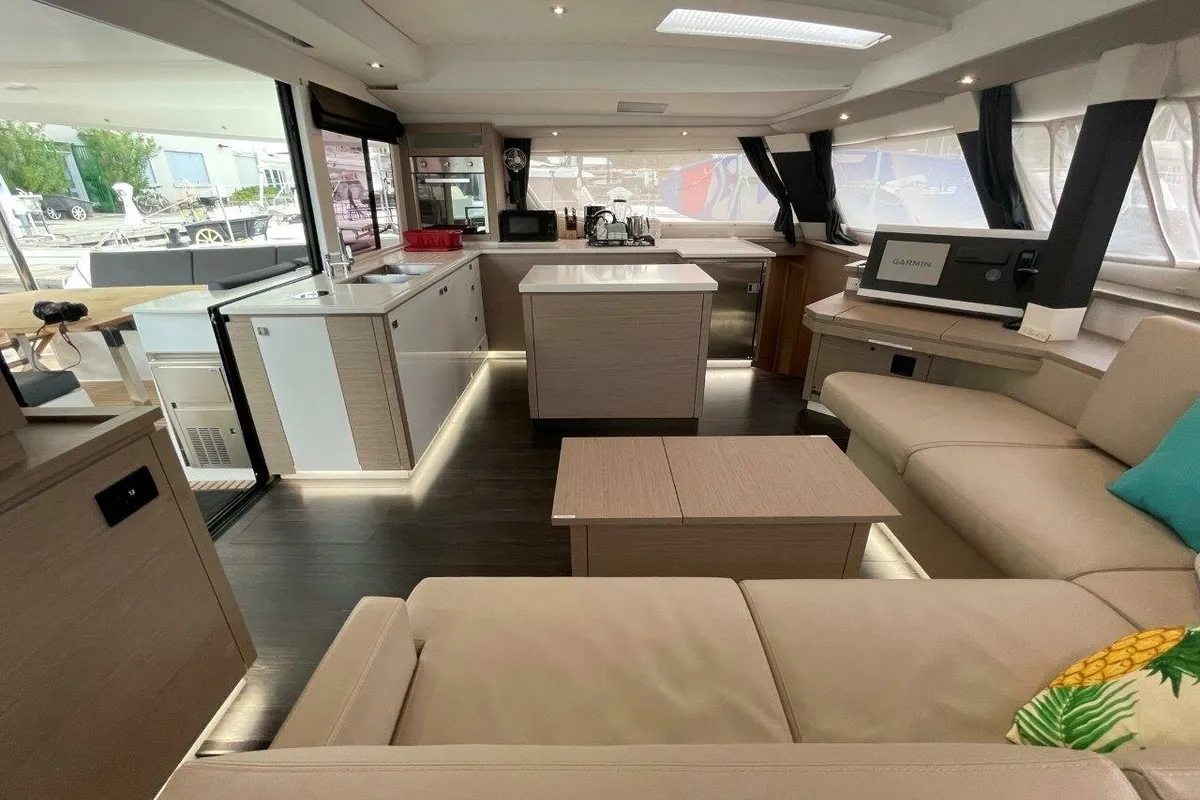 Salon of Soleil Rae, a Fountaine Pajot Saba 50 catamaran at Road Town, British Virgin Islands