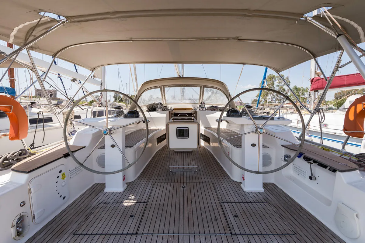 Cockpit of Altair, a Bavaria 50 Cruiser sailboat at Svoronata, Greece