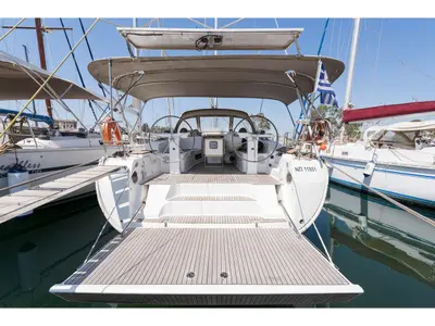 Deck of Altair, a Bavaria 50 Cruiser sailboat at Svoronata, Greece