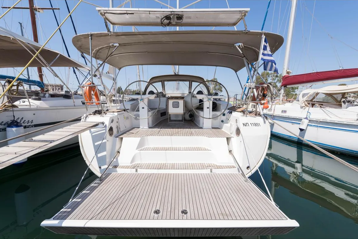 Deck of Altair, a Bavaria 50 Cruiser sailboat at Svoronata, Greece