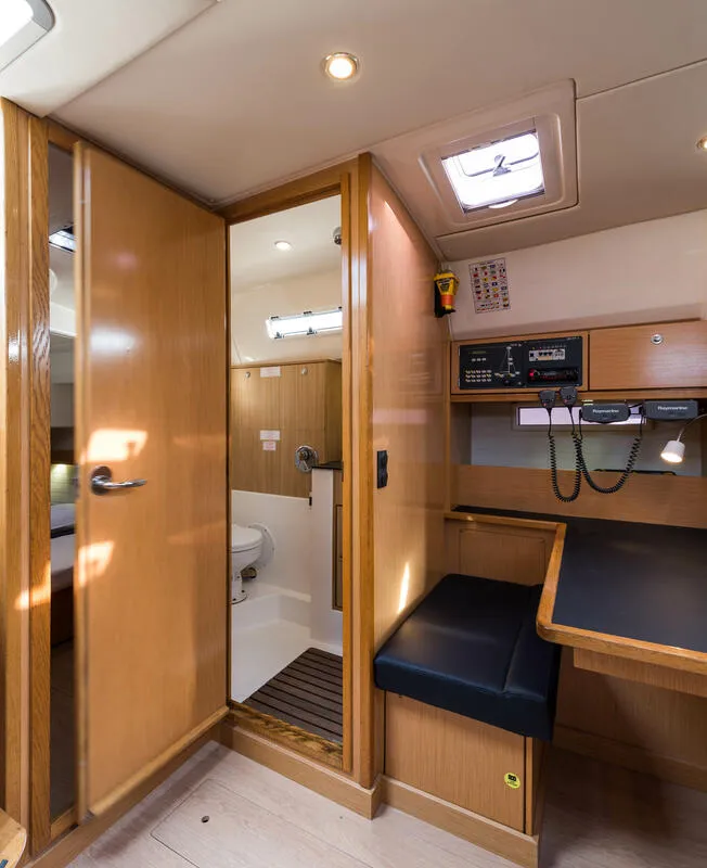 Salon of Altair, a Bavaria 50 Cruiser sailboat at Svoronata, Greece