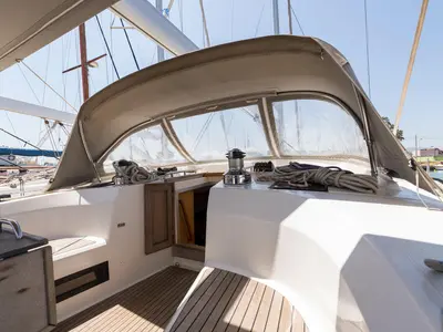 Cockpit of Altair, a Bavaria 50 Cruiser sailboat at Svoronata, Greece