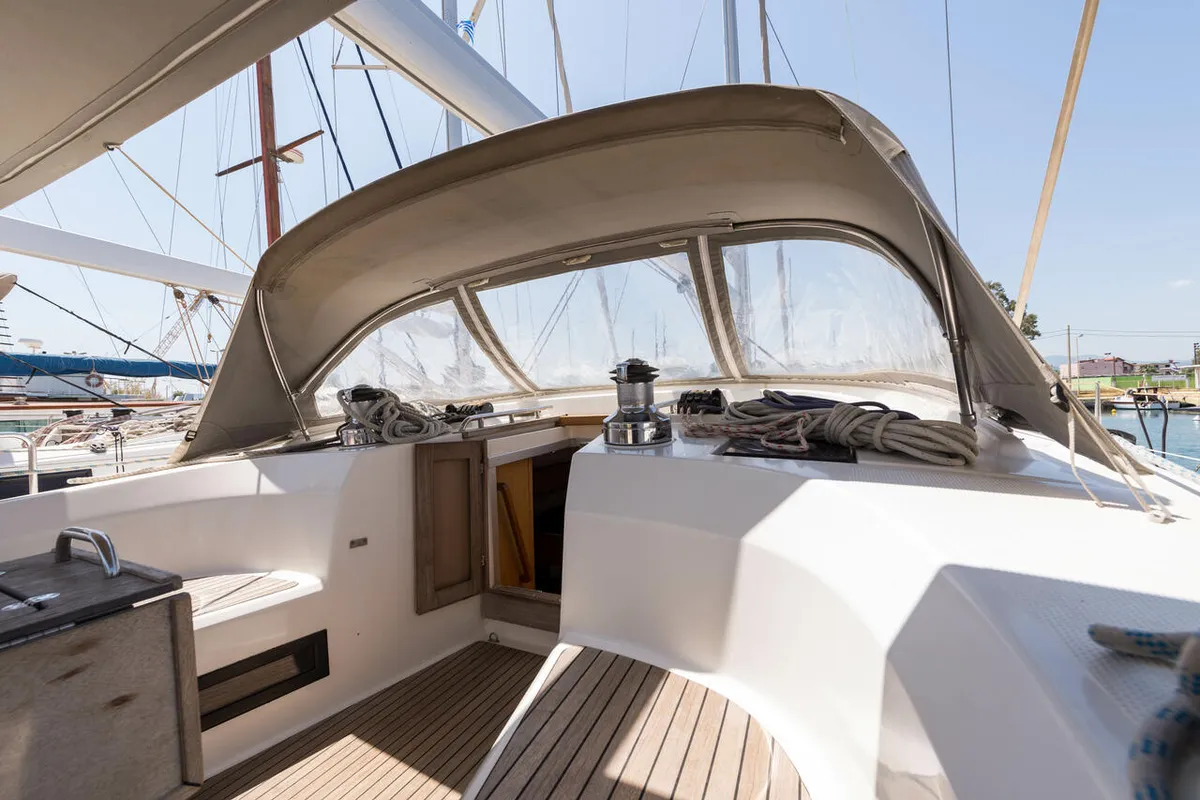 Cockpit of Altair, a Bavaria 50 Cruiser sailboat at Svoronata, Greece