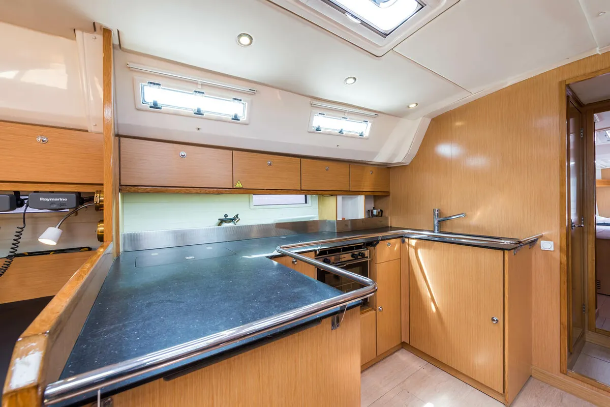 Galley of Altair, a Bavaria 50 Cruiser sailboat at Svoronata, Greece