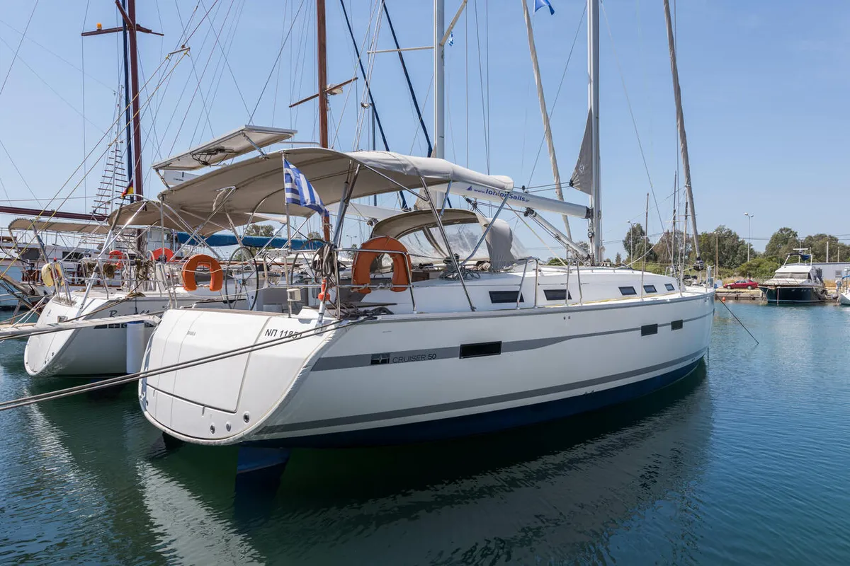 Exterior view of Altair, a Bavaria 50 Cruiser sailboat at Svoronata, Greece