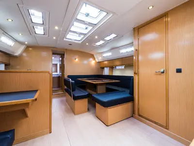 Salon of Altair, a Bavaria 50 Cruiser sailboat at Svoronata, Greece