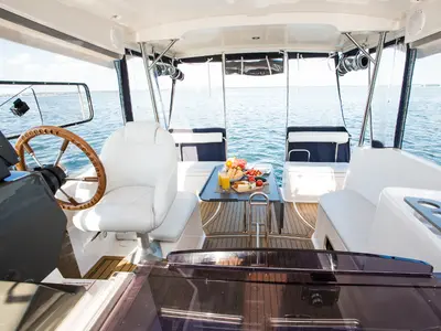Cockpit of Nautika 1000 VIP, a Delphia Yachts Nautika 1000 motorboat at Wilkasy, Poland