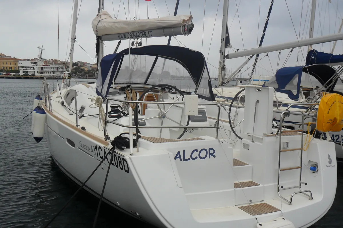 Exterior view of Alcor, a Beneteau Oceanis 43 sailboat at Cagliari, Italy