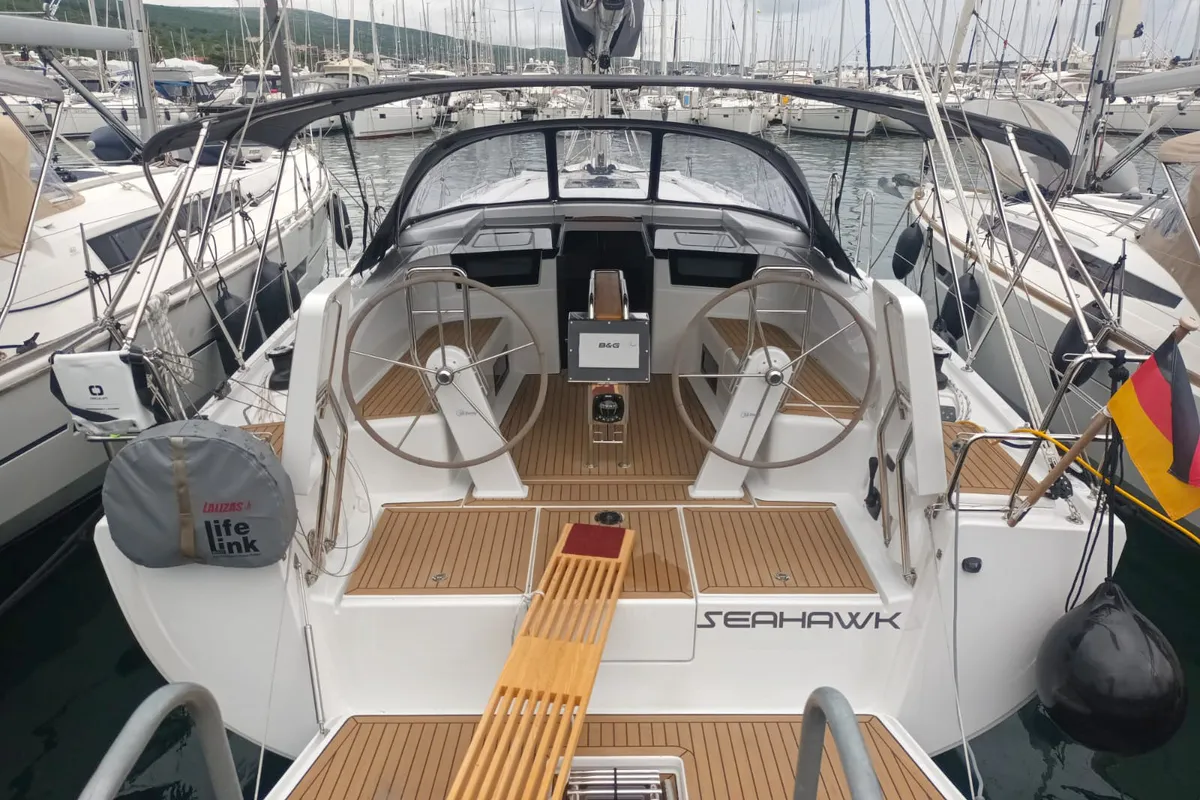 Cockpit of Seahawk, a Hanse 418 sailboat at Punat, Croatia