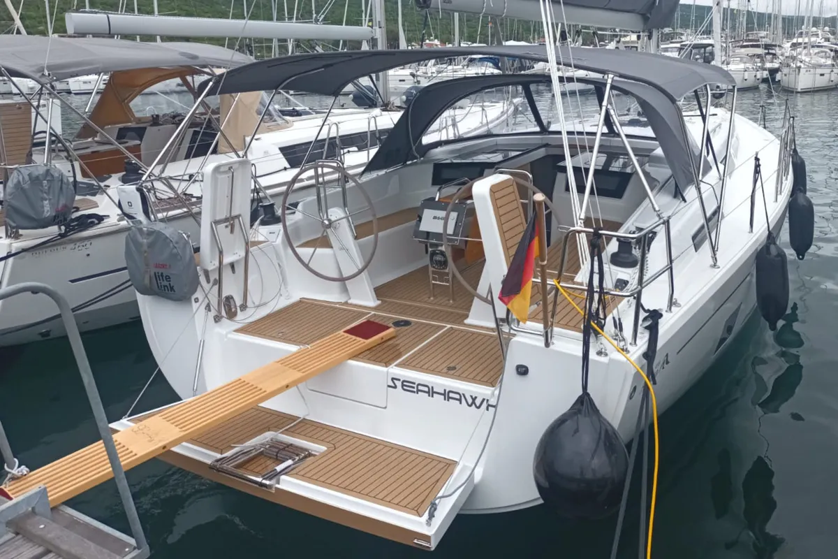 Deck of Seahawk, a Hanse 418 sailboat at Punat, Croatia
