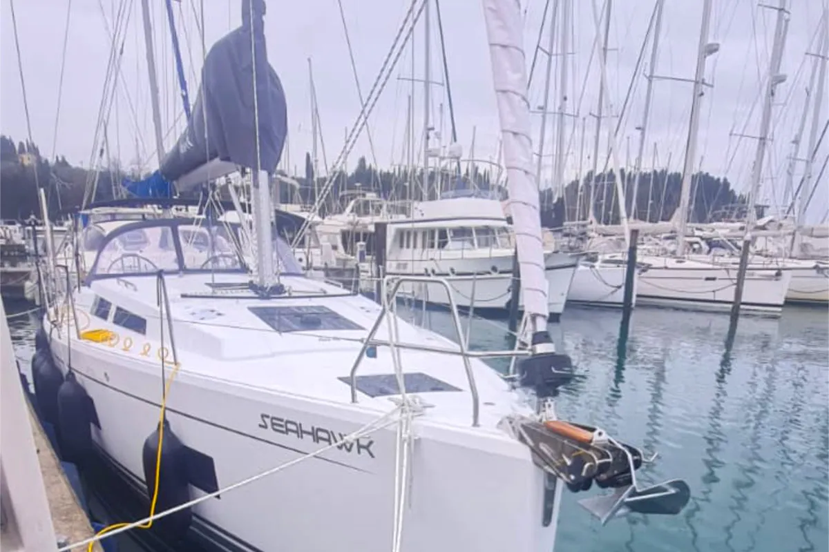 Exterior view of Seahawk, a Hanse 418 sailboat at Punat, Croatia