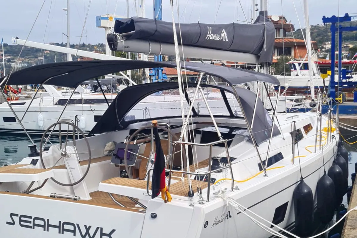 Exterior view of Seahawk, a Hanse 418 sailboat at Punat, Croatia