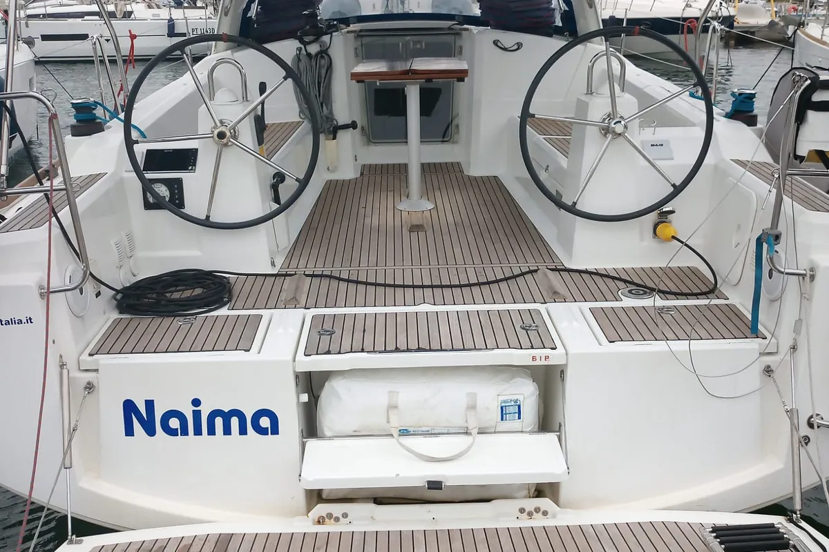 Cockpit of Naima, a Beneteau Oceanis 38.1 sailboat at Cannigione, Italy