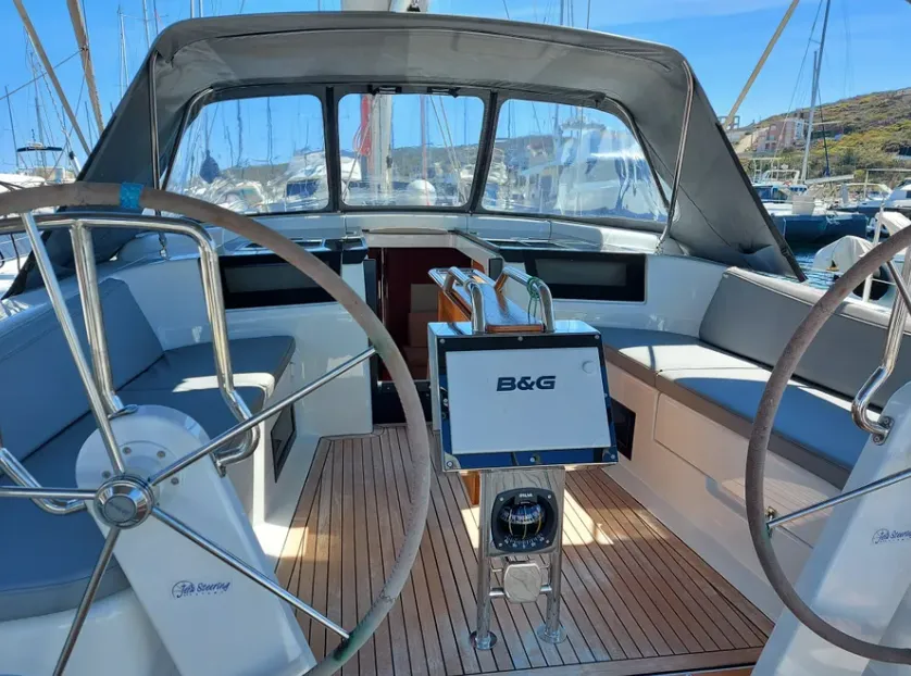 Cockpit of Themisto, a Hanse 418 sailboat at Lavrion, Greece