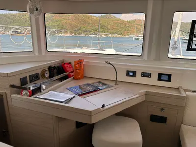 Cockpit of Lua, a Lagoon 46 catamaran at Fethiye, Turkey
