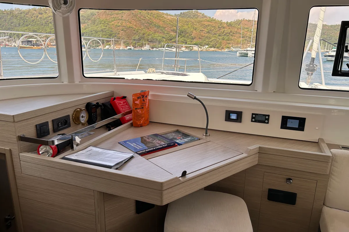Cockpit of Lua, a Lagoon 46 catamaran at Fethiye, Turkey