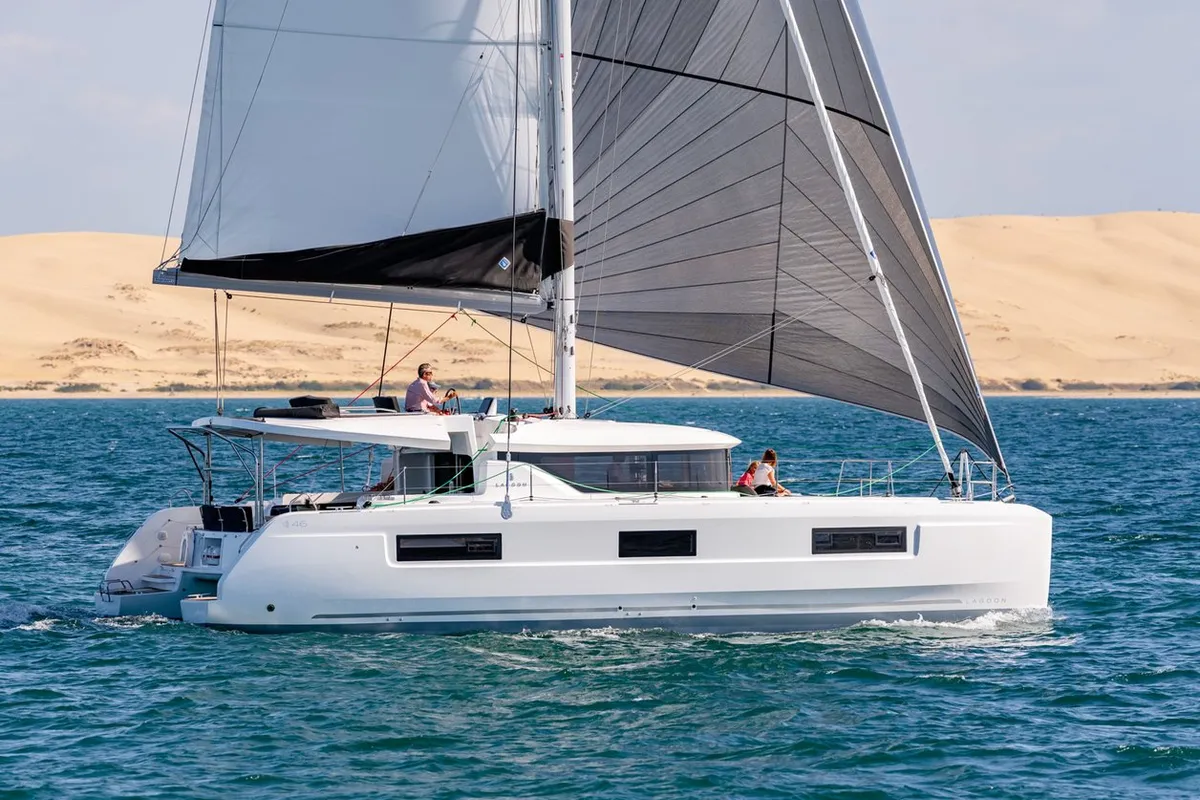 Exterior view of Lua, a Lagoon 46 catamaran at Fethiye, Turkey
