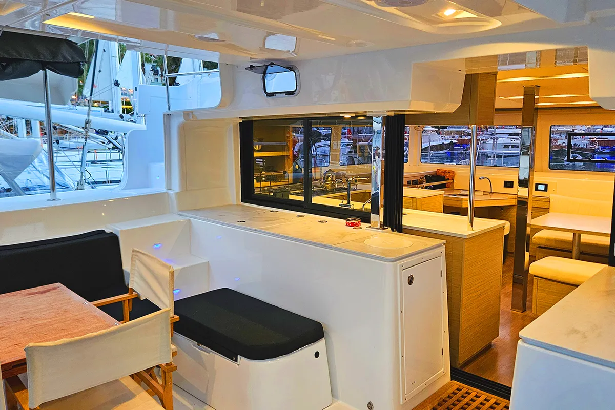 Salon of Lua, a Lagoon 46 catamaran at Fethiye, Turkey