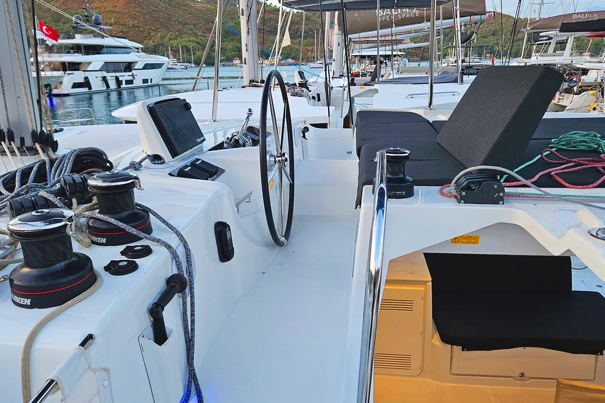 Cockpit of Lua, a Lagoon 46 catamaran at Fethiye, Turkey