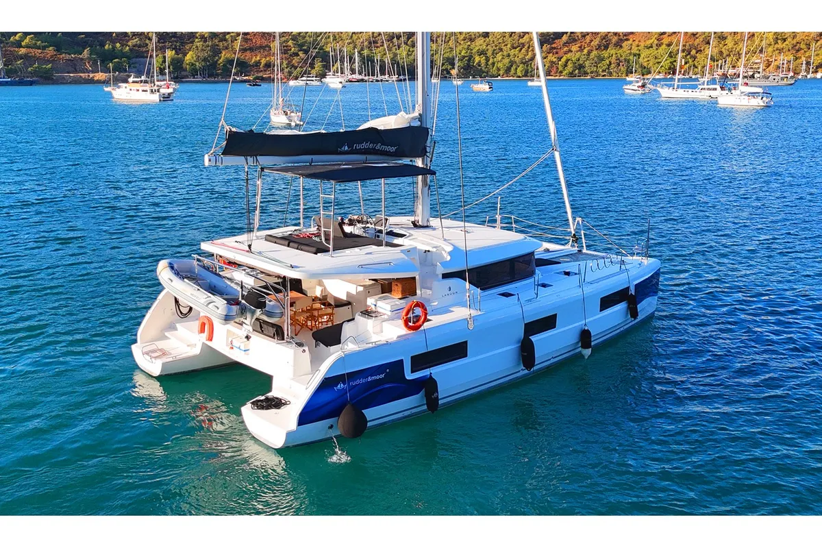 Exterior view of Lua, a Lagoon 46 catamaran at Fethiye, Turkey