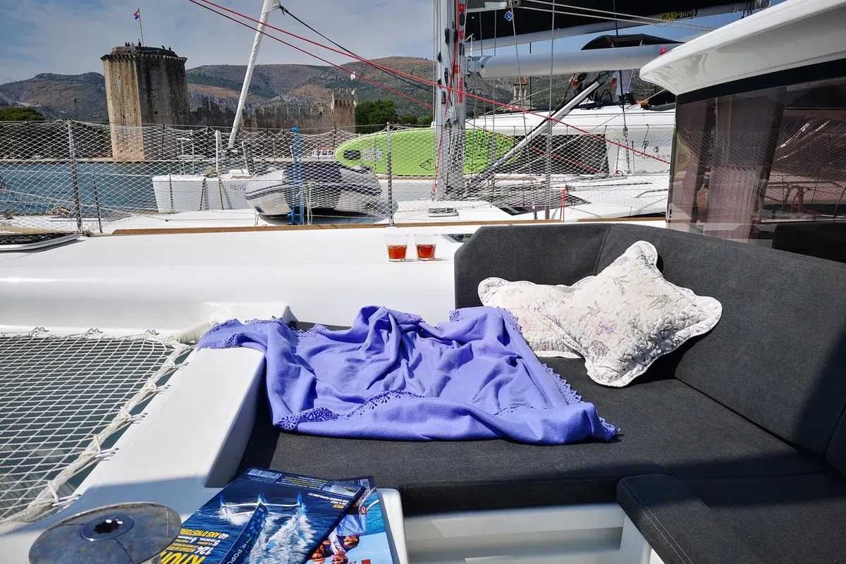 Deck of Calm Point, a Lagoon 450 catamaran at Split, Croatia
