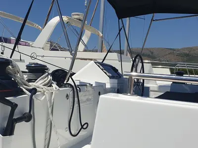 Cockpit of Calm Point, a Lagoon 450 catamaran at Split, Croatia