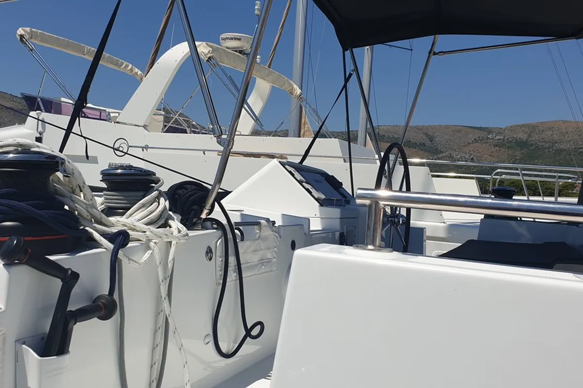 Cockpit of Calm Point, a Lagoon 450 catamaran at Split, Croatia