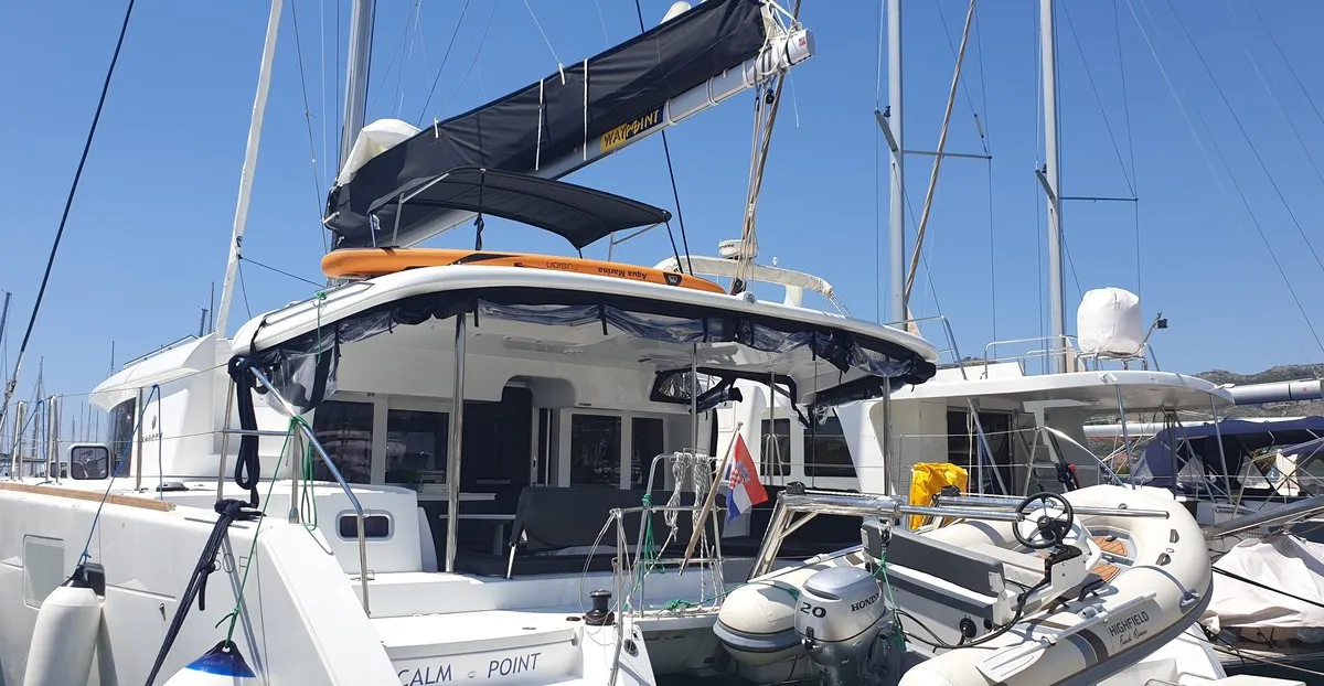 Exterior view of Calm Point, a Lagoon 450 catamaran at Split, Croatia