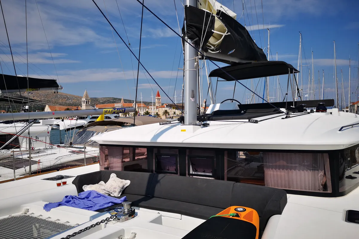 Exterior view of Calm Point, a Lagoon 450 catamaran at Split, Croatia