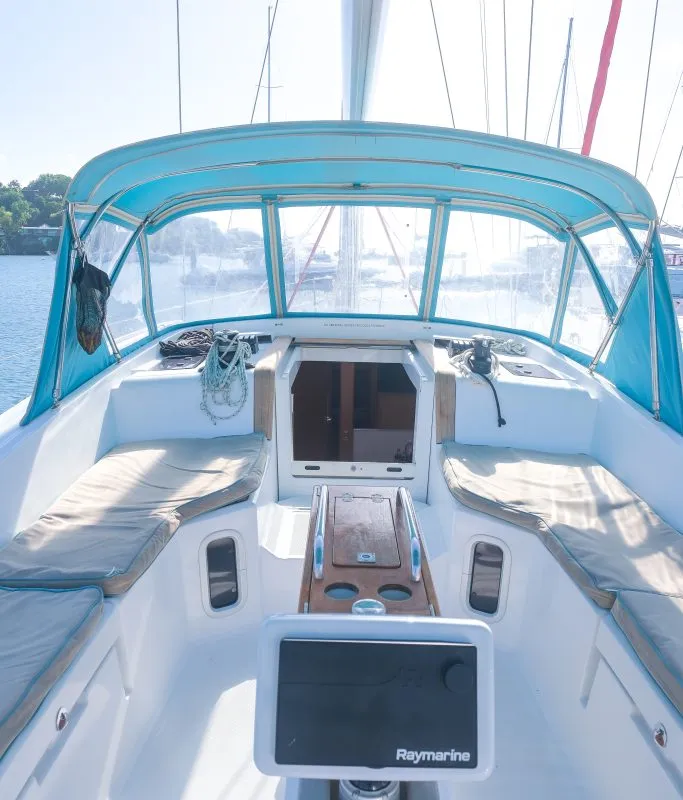 Deck of Sea Wolf, a Jeanneau Sun Odyssey 44 DS sailboat at Ribishi, Saint Vincent and the Grenadines