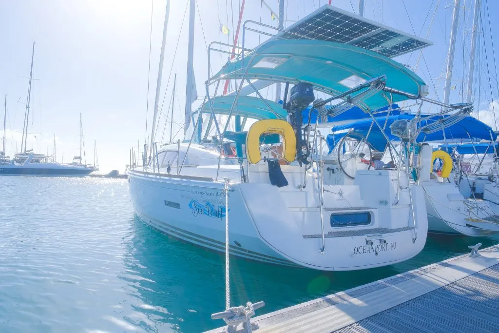 Exterior view of Sea Wolf, a Jeanneau Sun Odyssey 44 DS sailboat at Ribishi, Saint Vincent and the Grenadines