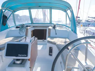 Cockpit of Sea Wolf, a Jeanneau Sun Odyssey 44 DS sailboat at Ribishi, Saint Vincent and the Grenadines