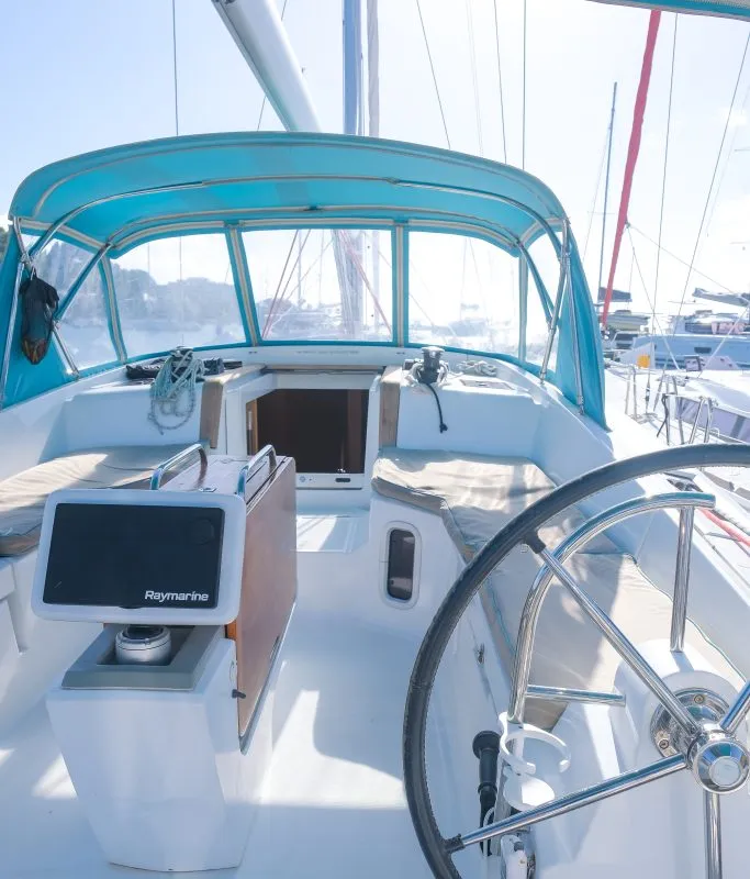 Cockpit of Sea Wolf, a Jeanneau Sun Odyssey 44 DS sailboat at Ribishi, Saint Vincent and the Grenadines