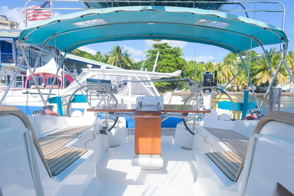Cockpit of Sea Wolf, a Jeanneau Sun Odyssey 44 DS sailboat at Ribishi, Saint Vincent and the Grenadines