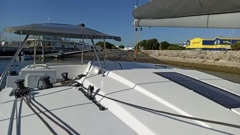 Deck of Dorella, a Fountaine Pajot Astréa 42 catamaran at Marsala, Italy