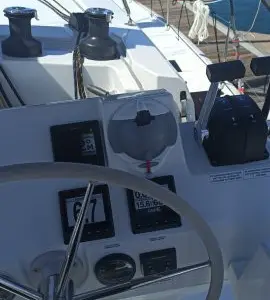 Cockpit of Dorella, a Fountaine Pajot Astréa 42 catamaran at Marsala, Italy