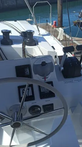 Cockpit of Dorella, a Fountaine Pajot Astréa 42 catamaran at Marsala, Italy