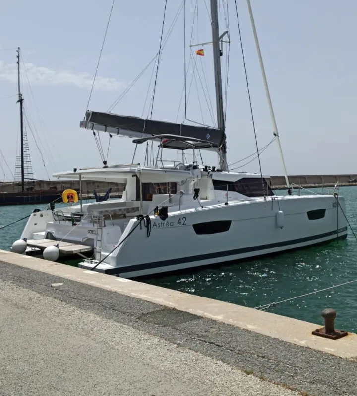 Exterior view of Dorella, a Fountaine Pajot Astréa 42 catamaran at Marsala, Italy