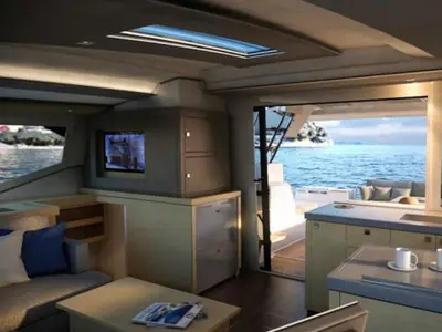 Salon of Dorella, a Fountaine Pajot Astréa 42 catamaran at Marsala, Italy