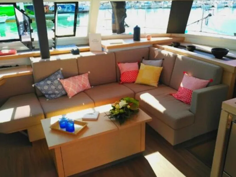 Salon of Dorella, a Fountaine Pajot Astréa 42 catamaran at Marsala, Italy