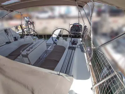 Cockpit of Castor, a Jeanneau Sun Odyssey 349 sailboat at Felanitx, Spain