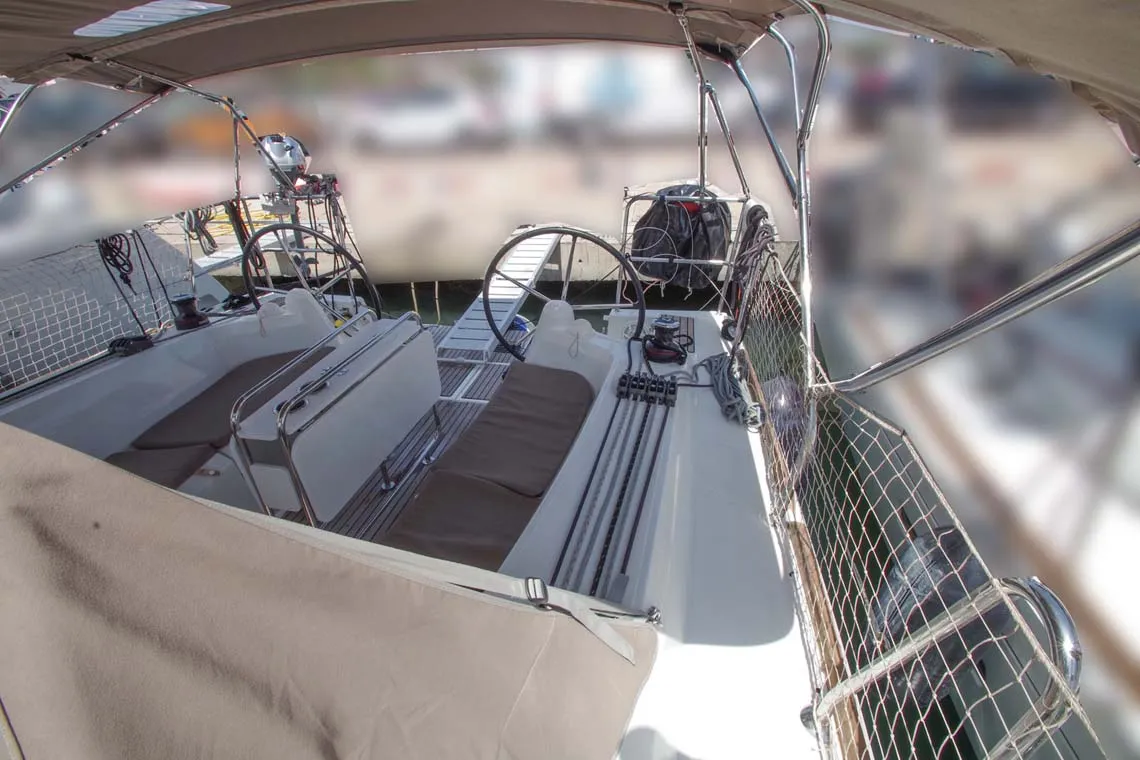 Cockpit of Castor, a Jeanneau Sun Odyssey 349 sailboat at Felanitx, Spain